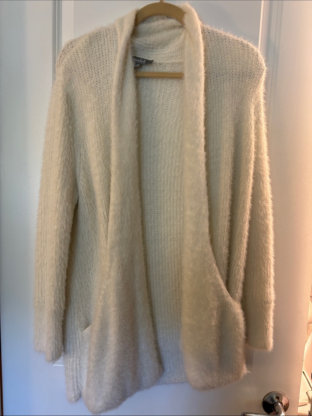 Marled Cream Fuzzy Open-Front Cardigan with Pockets